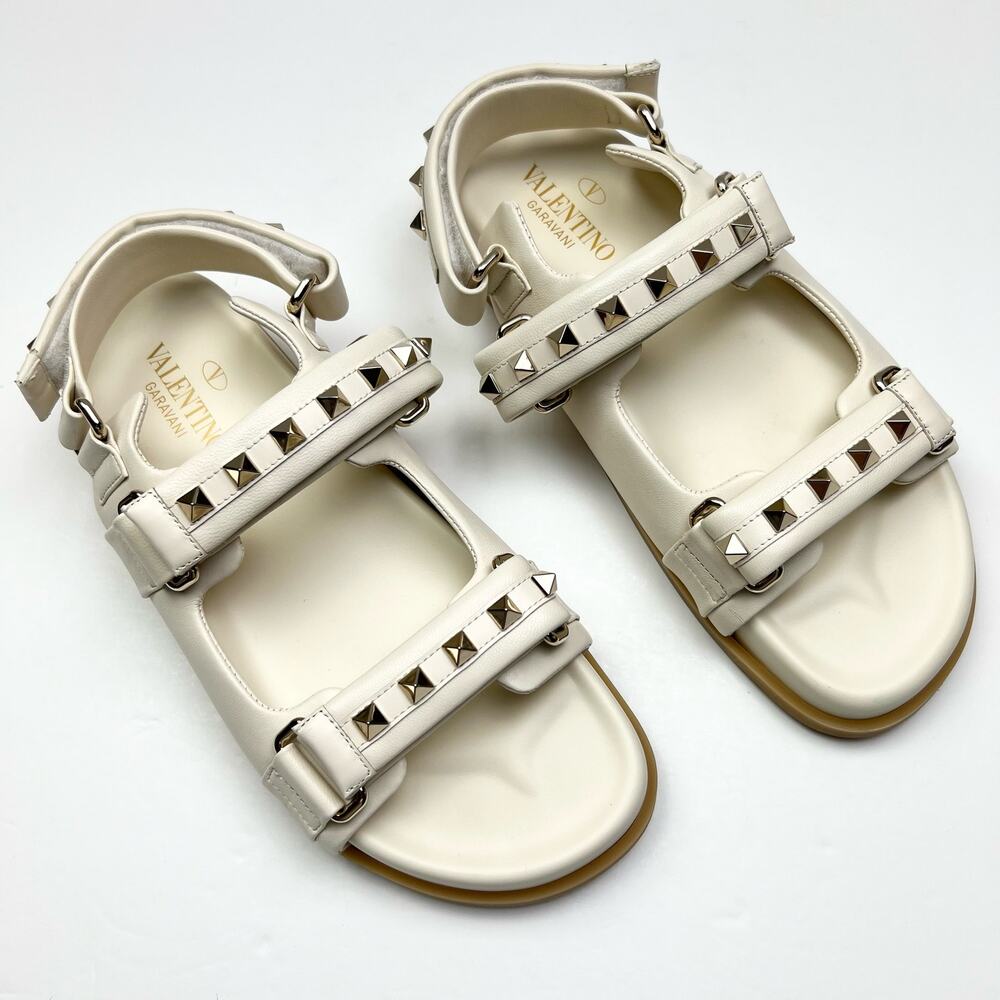 VALENTINO 10mm Rockstud Leather Flats EU 37.5 US 7.5 Ivory White Sandal